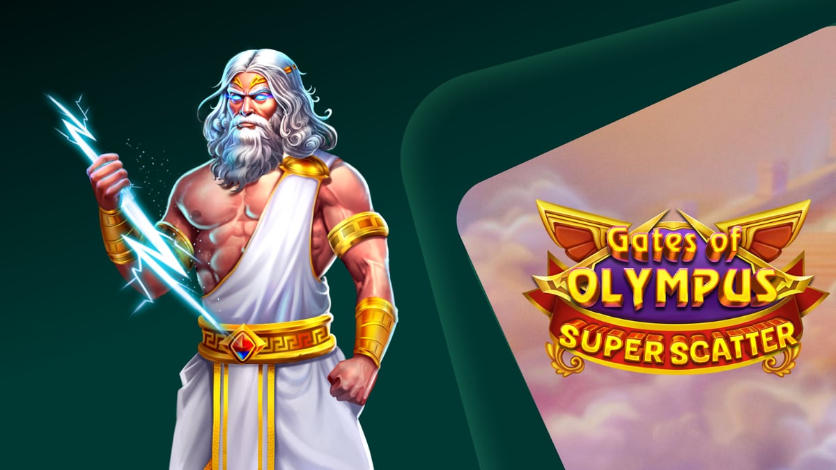 Logo y personaje de la slot Gates of Olympus Super Scatter