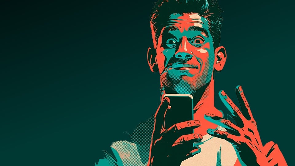 Personaje retro viendo un móvil
