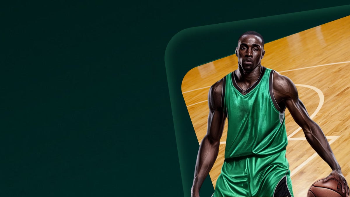 imagen jugador de la NBA con una cancha al fondo.