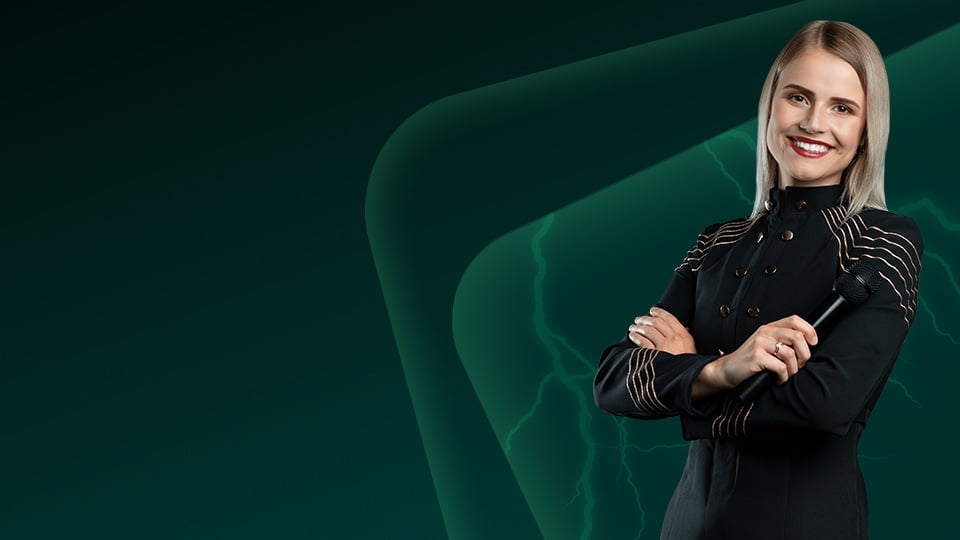 Crupier de Ruleta Relámpago en vivo sobre fondo Paf